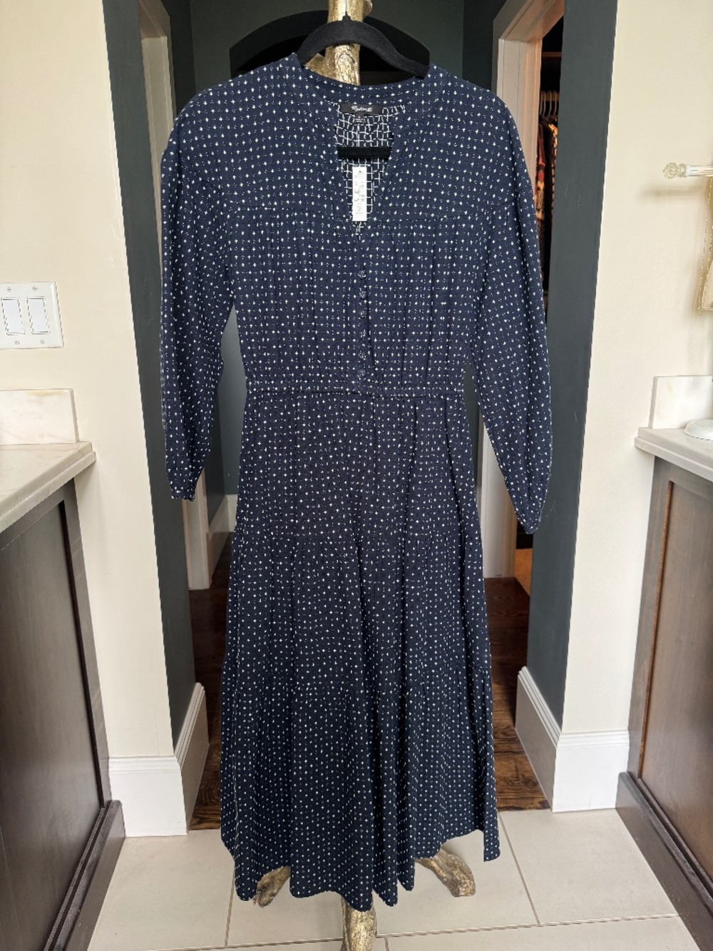 Madewell navy blue long sleeve midi dress with white polka dots - Picture 2 of 6